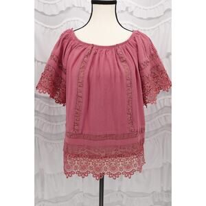 G Collection Women's Short Bell Sleeves Pink Rayon & Lace Summer Blouse Size L
